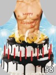 Fartuszek kuchenny 50x70 cm z grafiką przedstawiającą tors mężczyzny z napisem happy birthday i tortem urodzinowym, ozdobiony bananami i świeczkami. W kolorach niebieskim i białym. Produkt leżący, w centrum uwagi, na szarym tle.