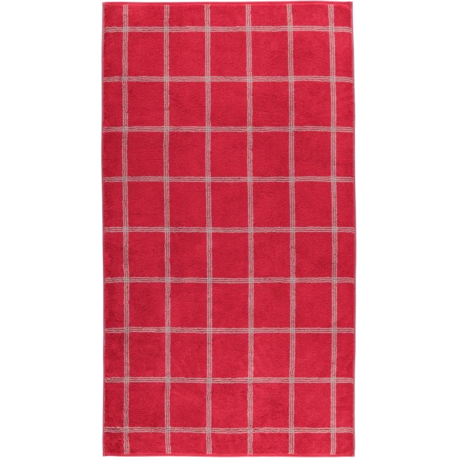Ręcznik bawełniany 80x150 cm w kolorze bordowym z wzorem w kratę. Produkt leży płasko, z wyraźnymi liniami w kolorze szarym tworzącymi kraciasty wzór. Tekstura materiału jest miękka i chłonna.