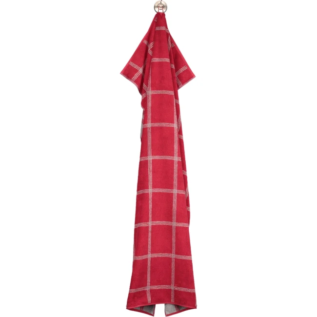 Ręcznik bawełniany o wymiarach 80x150 cm w kolorze bordowym z białą kratą. Produkt rozłożony, powieszony, z widocznymi detalami wzoru. Tło proste i jasne, co podkreśla jego fakturę oraz desenie.