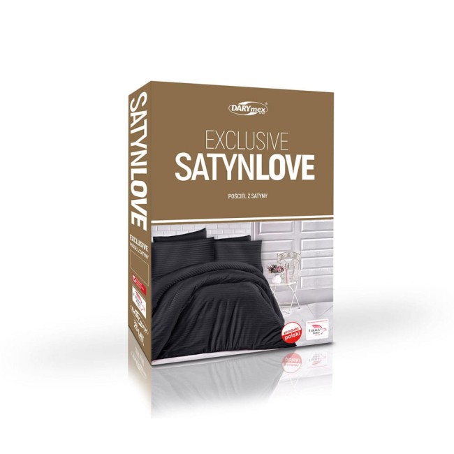 Pościel satyna bawełniana 220x200 Exclusive Cizgili w kolorze czarnym, zapakowana w prostokątne opakowanie z białym tekstem. Ułożona w lekkim zniekształceniu, aby pokazać fakturę. Na tle jasnej ściany, widoczne poduszki i narzuta.
