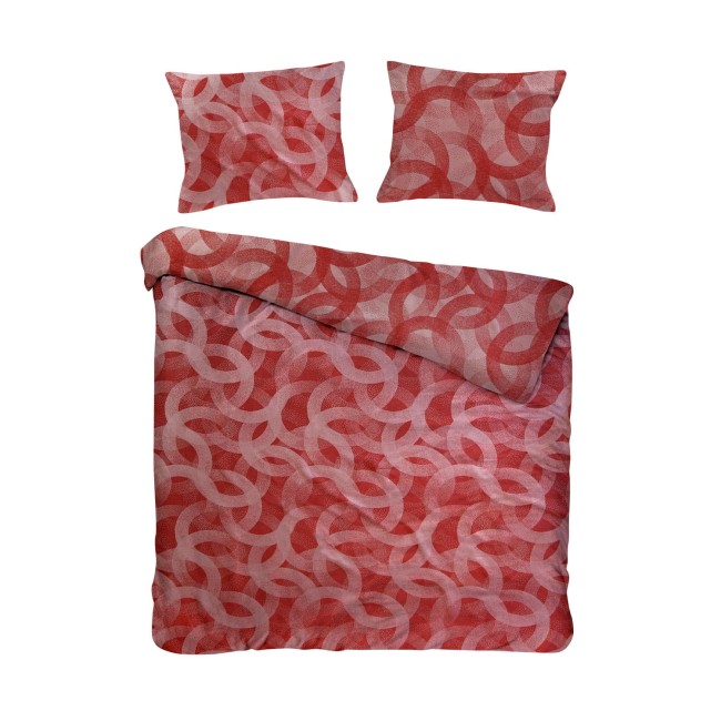 Pościel bawełniana 160x200 w wzór okręgów w odcieniach terakoty. Złożona narzuta z poduszkami, prezentowana na białym tle. Kąt ujęcia frontalny, ukazujący detale wzoru oraz teksturę materiału. Zestaw zawiera poszewki na poduszki w tym samym wzorze.