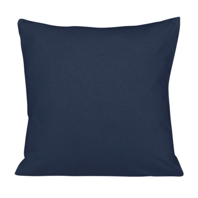 Poszewka jersey w kolorze ciemnego granatu, kwadratowa o wymiarach 40x40 cm, leżąca na jednolitym tle. Tekstura materiału jest gładka, bez wzorów ani napisów, prezentująca prosty i nowoczesny design.