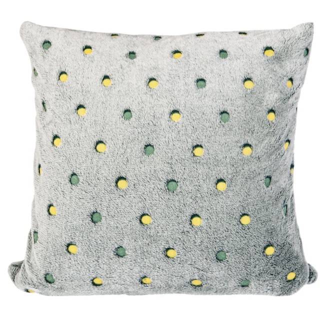 Poszewka mikrofibra 40x40 w kolorze malachitowym z miękką, teksturowaną powierzchnią. Na szarej tkaninie znajdują się wielokolorowe kropeczki w odcieniach zieleni i żółci. Ułożona na prosto, do widoku frontalnego.