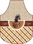 Fartuszek kuchenny 50x70 cm w odcieniach brązu i beżu, z motywem ziaren kawy na jasnym tle. U dołu widoczny rysunek młynka do kawy z napisem Coffee. Fartuszek z falbaną i wzorem w kratę, rozłożony na płasko.