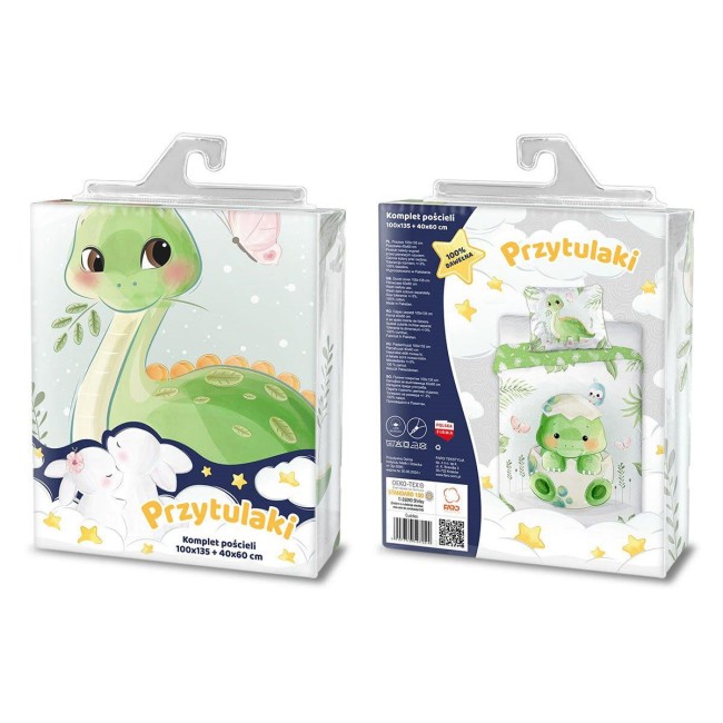 Pościel bawełniana do łóżeczka 100x135 cm z motywem dinozaura. Opakowanie z uchwytem, z przodu kolorowa grafika dinozaura i króliczków, z tyłu szczegóły produktu i skład. Kolory pastelowe, widoczne napisy oraz oznaczenia dotyczące materiału.
