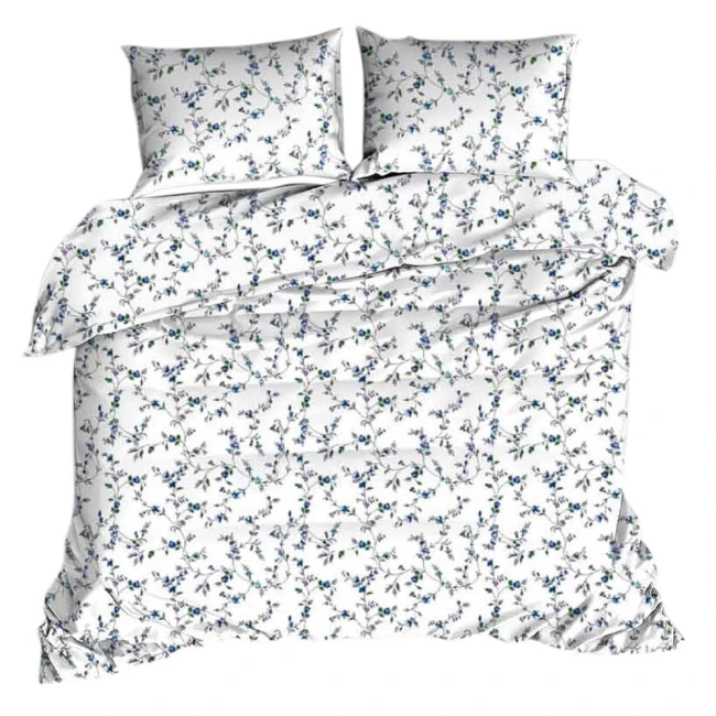  Stonowana delikatna biała pościel z kory 160x200 cm w letnie niebieskie kwiaty 
