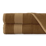 Ręcznik bambusowy 70x140 w kolorze jasnego brązu, z strukturą frotte. Ułożony poziomo, widoczne dwie warstwy, ozdobne paski w jaśniejszym odcieniu. Materiał teksturowany, delikatnie połyskujący. Tło białe, prosty kontekst.
