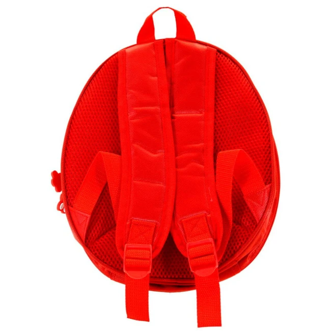 Owalny plecak dziecięcy Psi Patrol w kolorze czerwonym z regulowanymi szelkami, o gładkiej fakturze. Ujęcie z góry, z widocznym uchwytem i wzmocnionymi szelkami. Tło białe, co podkreśla intensywność koloru.