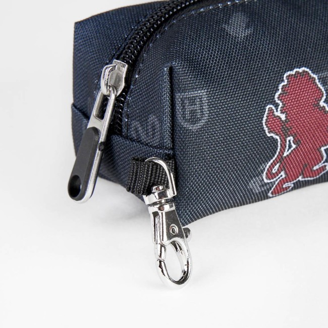 Czarny piórnik młodzieżowy Harry Potter z metalowym zamkiem błyskawicznym i szerokim uchwytem z karabińczykiem. Na boku widoczna czerwona grafika lwa. Ujęcie z boku, na jednolitym tle. Piórnik wykonany z trwałego materiału, teksturowany.