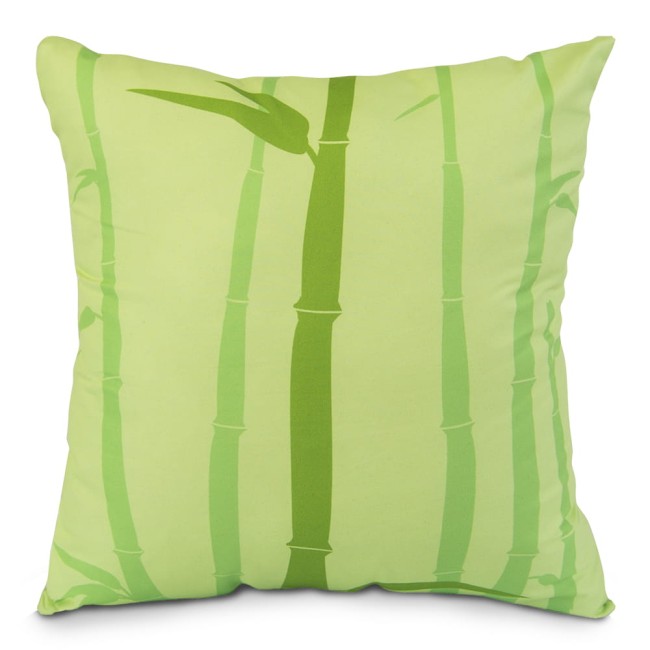 Poduszka przytulanka 40x40 cm w kolorze jasnozielonym z nadrukiem bambusowych łodyg w odcieniach zieleni. Produkt leży na białym tle, o kwadratowym kształcie, z matową fakturą tkaniny. Bez widocznych guzików ani zamków.