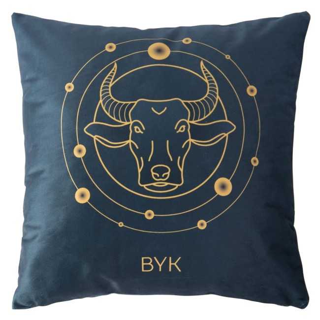  Elegancka, nowoczesna poszewka dekoracyjna 40x40 cm znak zodiaku byk niebieska i złota 