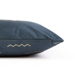 Poszewka dekoracyjna 40x40 cm w kolorze głębokiego granatu, z geometrycznym wzorem w złotym odcieniu. Ujęcie z boku ukazuje jej teksturę i zamek błyskawiczny, kształt prostokątny. Brak dodatków, zdjęcie na jednolitym tle.