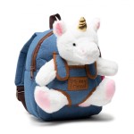 Pluszowy plecak dziecięcy w kolorze błękitnym z przyszytą maskotką jednorożca. Plecak ma brązowe detale, widoczne napisy „Be my friend”. Ujęcie z boku, plecak ustawiony w pozycji stojącej. Wymiary i szczegóły materiału materiału są nieczytelne.