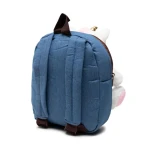 Pluszowy plecak dziecięcy w kolorze błękitnym z brązowymi ramiączkami. Z tyłu widoczny zamek błyskawiczny i przyszyta rączka. Plecak ma zaokrąglony kształt oraz wszytą główkę jednorożca z boku. Detale na materiale są matowe i teksturowane.