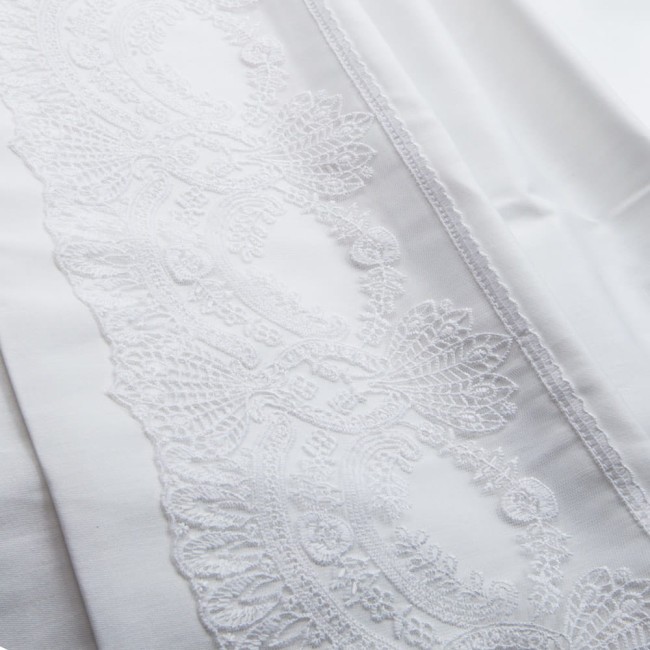 Biała pościel satynowa 220x200 cm z gipiurą, ukazana w zbliżeniu na detal. Widoczny haft w postaci misternych wzorów na jednym z brzegów. Materiał gładki, bez widocznych napisów czy logo. Położona na jednolitym tle, podkreślającym jej fakturę.