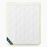 Kołdra całoroczna 200x220 cm, antyalergiczna z materiału Bamboo, w kolorze białym z zieloną lamówką. Ułożona na płasko, widoczny kształt prostokątny z geometrycznym pikowaniem, pomagającym w równomiernym rozłożeniu wypełnienia.