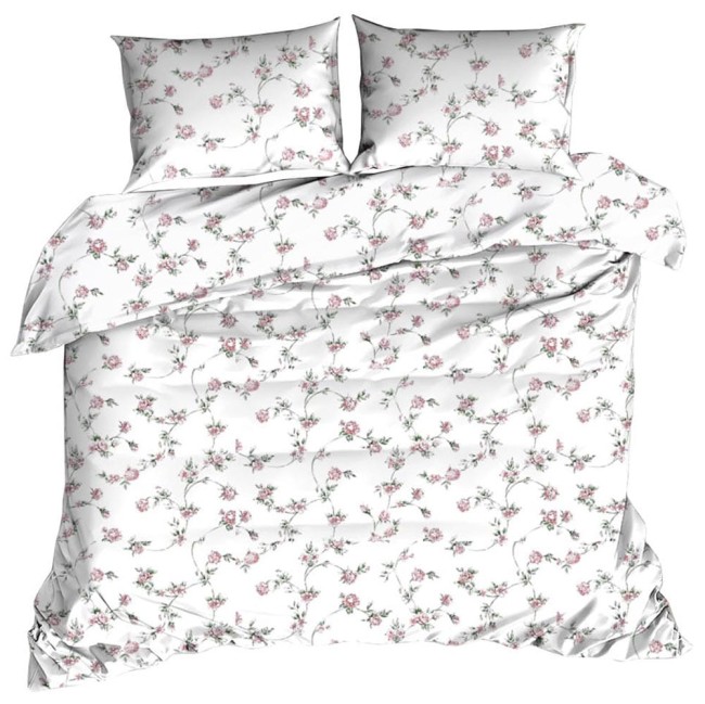  Delikatna, miękka w dotyku biała pościel z kory w piękne różowe kwiaty w rozmiarze 160x200 cm 