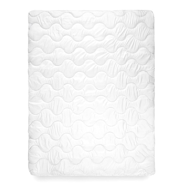 Kołdra antyalergiczna 200x220 cm, w kolorze białym, o falistym wzorze, z materiału syntetycznego. Ułożona na płasko, ukazująca delikatną fakturę. Idealna na wszystkie pory roku, oferuje komfort i ochronę przed alergeniami.