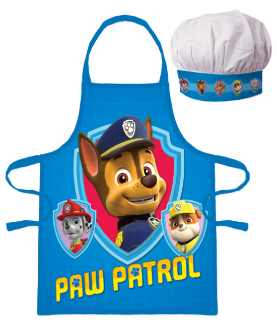 Fartuszek dziecięcy z czapką szefa Psi Patrol Rocky, niebieski. Fartuch z grafiką przedstawiającą postać z bajki oraz napisem PAW PATROL.