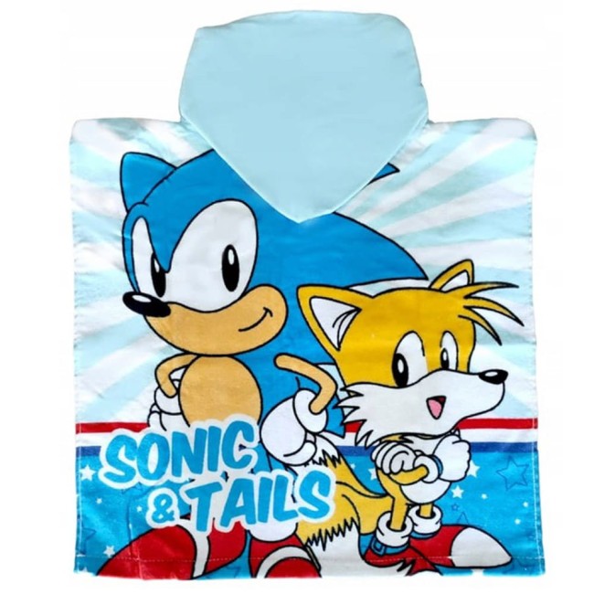 Niebo błękitne ponczo z kapturem, 50x100 cm, z wizerunkami postaci Sonic i Tails. Produkt rozłożony na jasnym tle, z kapturem w tym samym odcieniu.