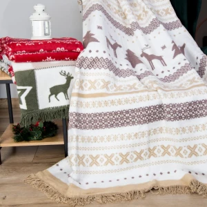 Koc bawełniany 150x200 Fjord, świąteczny, w renifery, beżowy, kremowy i  biały