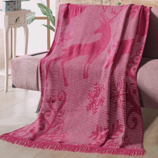  Miękki gruby ciepły bordowy koc z frędzlami w renifery 