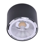 Lampa sufitowa HORN K-5132 w kolorze czarnym, w formie reflektora, z okrągłym, metalowym kloszem z siateczkową fakturą. Ujęcie z góry, ukazujące zamontowaną lampę. Wnętrze klosza chromowane, z widoczną żarówką LED. Tło białe.