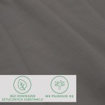 Prześcieradło jersey z elastanem w kolorze antracytowym, rozmiar 200x220 cm, z gumką. Widoczne detale materiału, gładka tekstura. W dolnej części umieszczone znaki informacyjne: bez domieszek sztucznych substancji, nie pilinguje się.