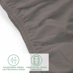 Prześcieradło jersey z elastanem w kolorze antracytowym, widoczne z boku, z elastyczną gumką obszytą po całym obwodzie. Faktura materiału jest gładka, na zdjęciu widoczne też dodatkowe grafiki przedstawiające robustność gumy.