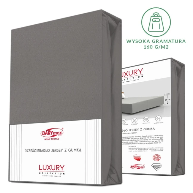 Prześcieradło jersey z elastanem w kolorze antracytowym, z gumką, rozmiar 180x200 cm, zapakowane w estetyczne pudełko. Widoczna informacja na froncie opakowania wskazująca na kolekcję Luxury oraz wysoka gramatura materiału 160 g/m².