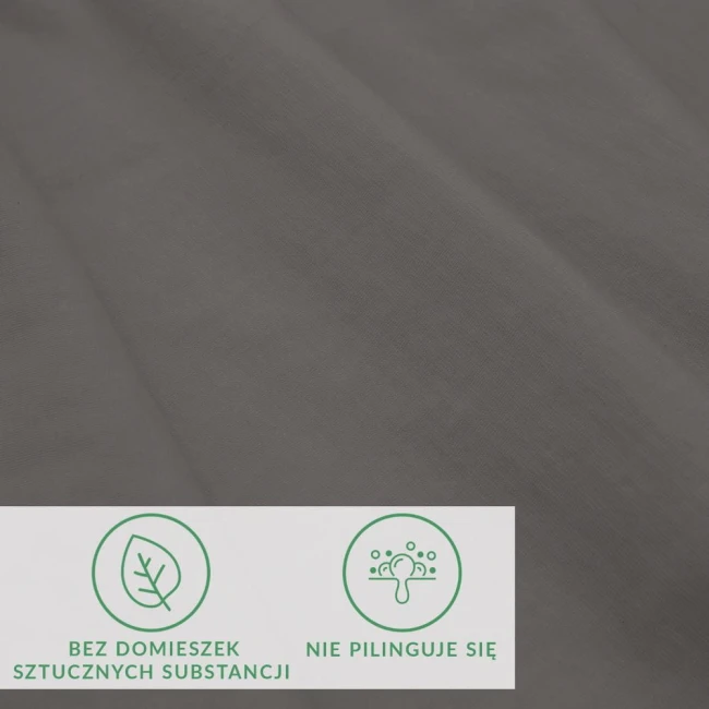Prześcieradło jersey z elastanem 180x200 w kolorze antracytowym. Widok z góry na gładką, teksturowaną powierzchnię. Na białym tle widoczne ikony informacyjne: bez domieszek sztucznych substancji oraz nie pilinguje się.