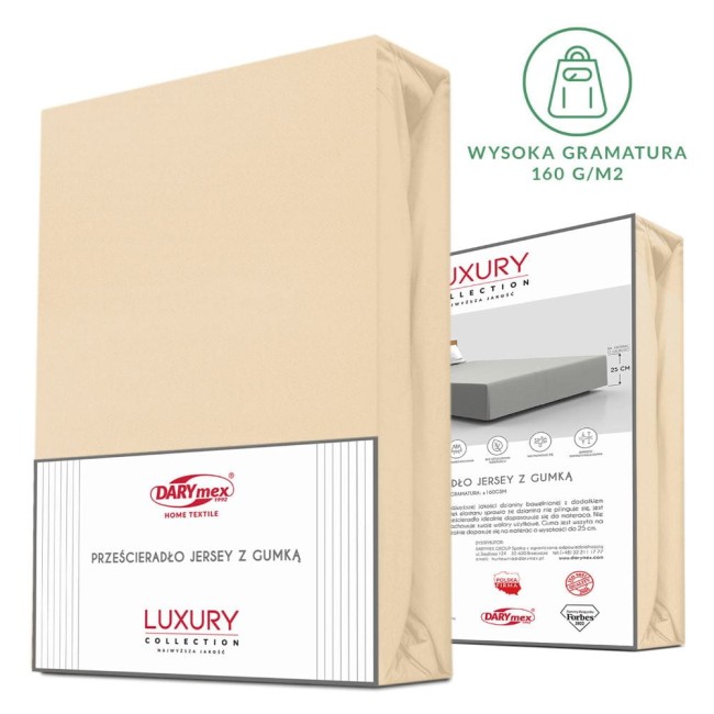 Prześcieradło jersey z elastanem w kolorze beżowym, rozmiar 200x220 cm, z gumką. Produkt leży na białym tle, opakowanie z widoczną etykietą informacyjną i logo DARYmex. Tył opakowania zawiera grafiki przedstawiające zastosowanie produktu.