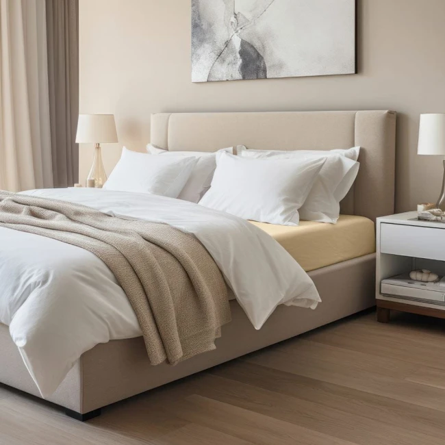 Prześcieradło jersey z elastanem w kolorze beżowym, o wymiarach 180x200 cm, leży rozłożone na łóżku. Widoczna wierzchnia strona jest gładka, a materiał jest elastyczny.