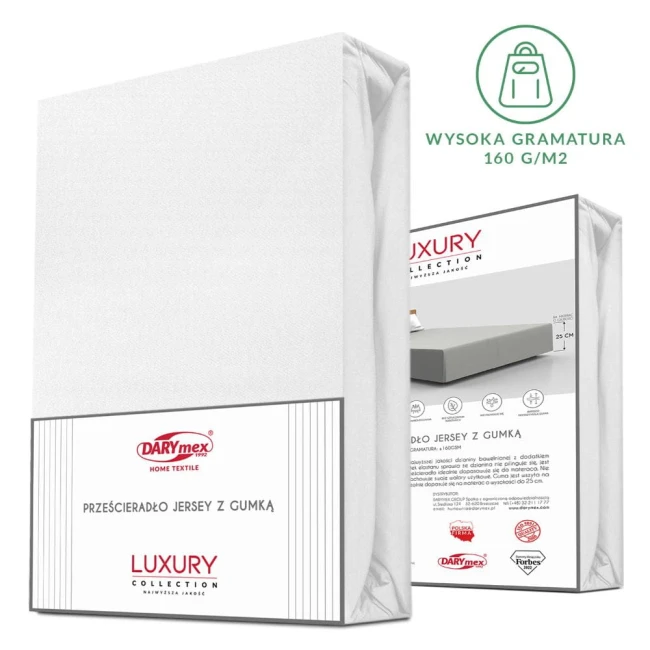 Prześcieradło jersey z elastanem w kolorze białym, o wymiarach 200x220 cm, pakowane w stylowym opakowaniu. Widoczna gumka oraz logo DARYmex. Ujęcie z boku, podkreślające wysoką gramaturę materiału 160 g/m². Tło proste, ułatwiające identyfikację produktu.