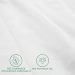 Prześcieradło jersey z elastanem w kolorze białym, rozłożone, prezentuje gładką, teksturowaną powierzchnię. Na materiale widoczne są dwie ikony: jedna informuje o braku domieszek sztucznych substancji, druga o właściwości niepilingującej.