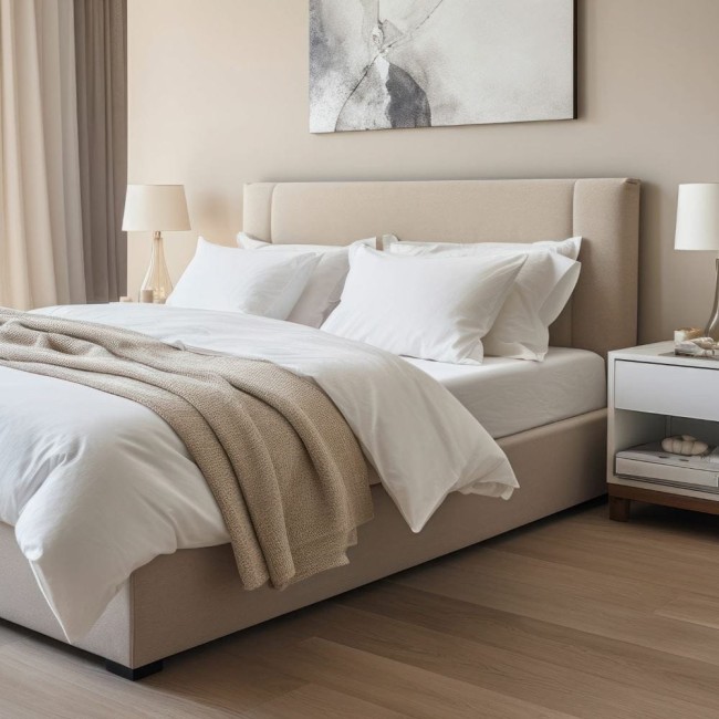 Prześcieradło jersey z elastanem z gumką 90x200 w kolorze białym na podwójnym łóżku, złożone pod stylowym kremowym kocem. W tle miękkie poduszki i minimalistyczna lampka. Ściana w odcieniu piaskowym dopełnia aranżację.