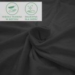 Prześcieradło jersey z elastanem w kolorze czarnym, rozłożone na płasko, ukazujące gładką, delikatną strukturę materiału. W tle znajdują się dwa jasne ikony informacyjne dotyczące tkaniny.