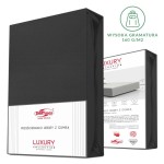 Prześcieradło jersey z elastanem w kolorze czarnym, z gumką, w opakowaniu na białym tle. Wymiary 200x220 cm, wysoka gramatura 160 g/m². Z przodu widoczna nazwa DARYmex oraz logo. Produkt leżący, złożony, prezentujący wyraźne detale opakowania.