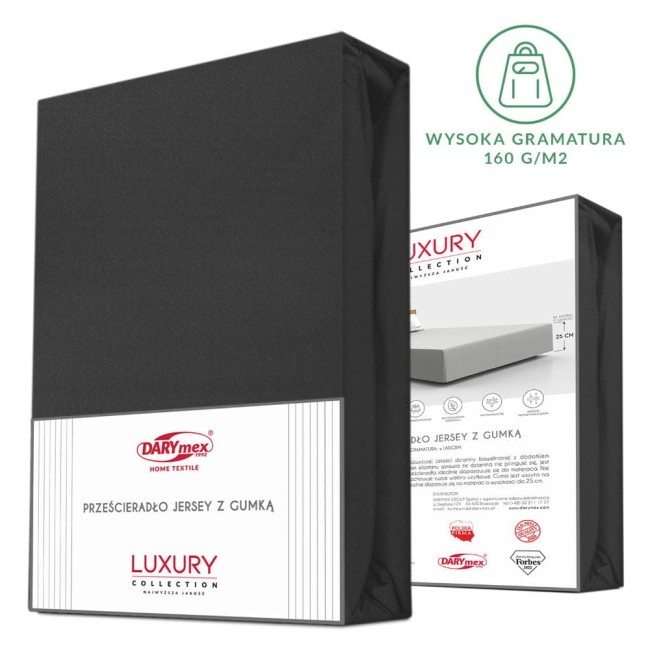 Prześcieradło jersey z elastanem w kolorze czarnym, z gumką, w opakowaniu na białym tle. Wymiary 200x220 cm, wysoka gramatura 160 g/m². Z przodu widoczna nazwa DARYmex oraz logo. Produkt leżący, złożony, prezentujący wyraźne detale opakowania.