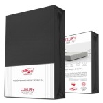 Prześcieradło jersey z elastanem 180x200 cm w kolorze czarnym, z gumką. Ujęcie frontalne, produkt w opakowaniu, widoczna etykieta z nazwą i specyfikacją. Tło proste, podkreślające produkt.