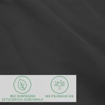 Prześcieradło jersey z elastanem w kolorze czarnym, rozmiar 180x200, widoczne z bliska na jednolitym tle. Na dole zdjęcia znajdują się ikony informujące o braku domieszek sztucznych substancji oraz o właściwości niepilingującej.