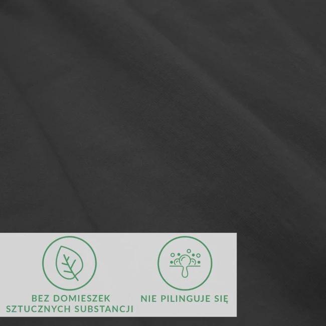 Prześcieradło jersey z elastanem w kolorze czarnym, rozmiar 180x200, widoczne z bliska na jednolitym tle. Na dole zdjęcia znajdują się ikony informujące o braku domieszek sztucznych substancji oraz o właściwości niepilingującej.