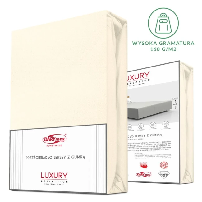 Prześcieradło jersey z elastanem w kolorze ekologicznym, o rozmiarze 180x200 cm, z gumką. Widok frontalny, produkt leżący, zapakowany w przezroczysty foliowy materiał z widoczną grafiką oraz opisem na tylnej stronie.