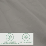 Prześcieradło jersey z elastanem 90x200 w kolorze popiel. Złożone w kształcie prostokąta, widoczne detale to delikatna faktura materiału oraz oznaczenia na białym tle dotyczące braku sztucznych substancji i odporności na piling.