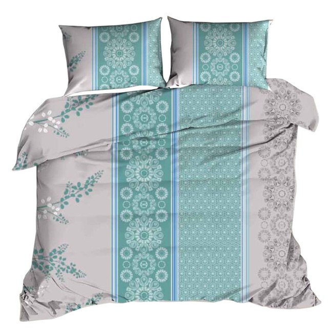  Delikatna miękka bawełniana szara pościel z kory w turkusowe ornamenty 140x200 cm 