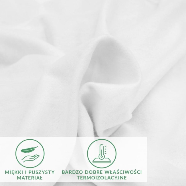 Prześcieradło flanelowe z gumką w kolorze białym, wykonane z miękkiego i puszystego materiału. Ułożone w pół rolki, zbliżenie na fakturę. Widoczne symbole wskazujące na właściwości termiczne produktu.