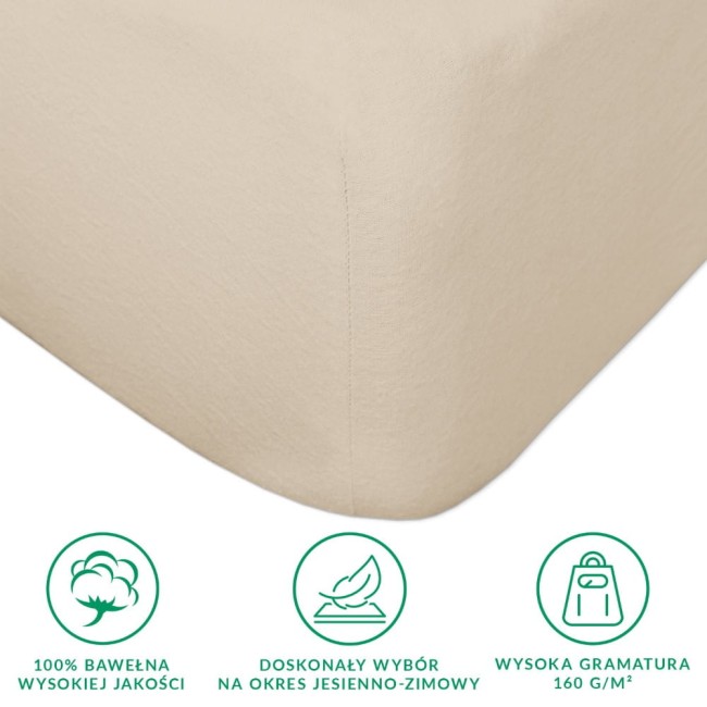 Prześcieradło flanelowe z gumką w jasnym beżowym kolorze o wymiarach 200x220 cm, wykonane z 100% bawełny o wysokiej gramaturze 160 g/m². Widoczny zamek z gumką oraz tekstura flaneli. Produkt leży na jednolitym tle.