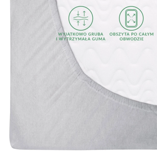 Prześcieradło flanelowe z gumką 140x200 w kolorze jasno szarym. Widoczne gumowe obszycie po całym obwodzie, materiał flanelowy o gramaturze 160g/m2. Produkt leży na białym tle, ukazując jego fakturę i wykończenie.