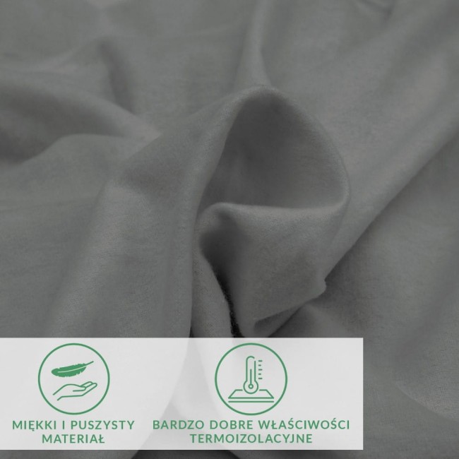 Prześcieradło flanelowe z gumką w kolorze szarym, wykonane z miękkiego i puszystego materiału, leżące na płaskiej powierzchni. Materiał ma dobre właściwości termoizolacyjne, a jego faktura jest przyjemna w dotyku. Widoczne ikony informacyjne na dole.