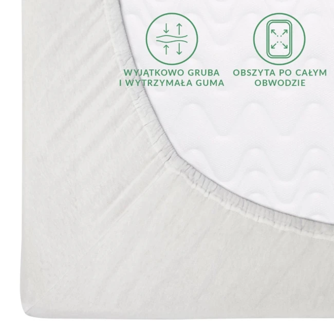 Prześcieradło flanelowe z gumką w kolorze kremowym o grubości 160 g/m², widoczne z boku. Gumka obszyta wokół całego obwodu, zapewnia stabilne dopasowanie. Tekstura flaneli oraz logo z informacjami o wytrzymałości gumy.